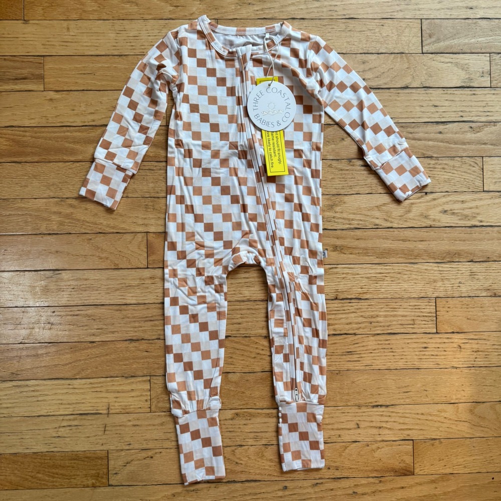 Three Coastal Babies Co Bamboo Zipper Romper Vanilla Checks Tan 12-18 Months NEW
